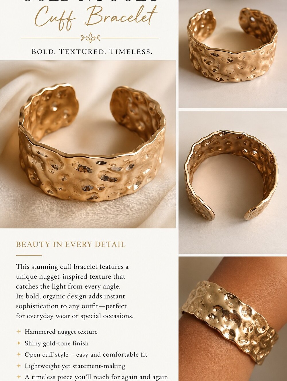 Gold Nugget Textured Cuff Bracelet – Women Jewelry